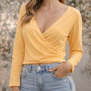 Forever 21 Yellow Wrap Crop Top Long Sleeve V-Neck Size Small
